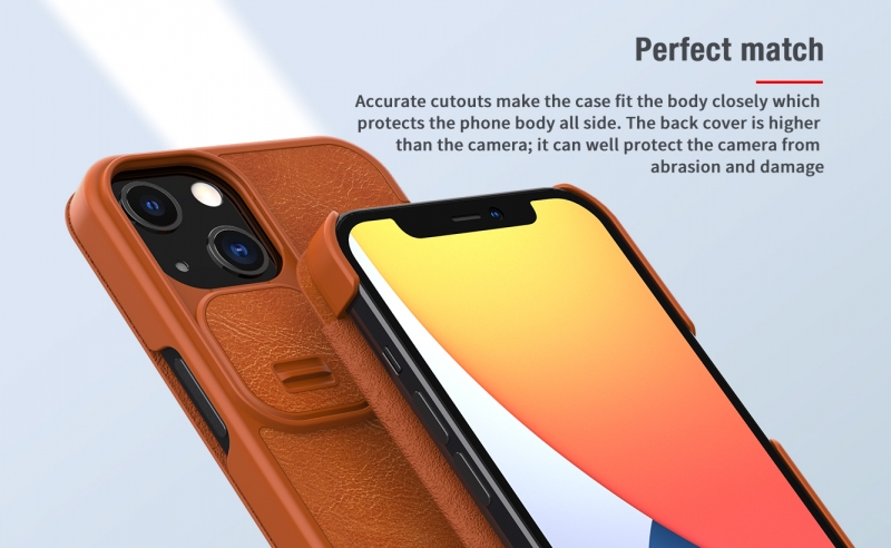 Bao Da iPhone 13 Hiệu Nillkin Qin Pro Leather Case Chính Hãng được làm bằng da và nhựa cao cấp polycarbonate khá mỏng cực kỳ sang trọng, phần đẩy bảo vệ camera tốt hơn
